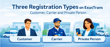 Tres tipos de registro de cuenta en ExusTrans para una mejor experiencia de usuario y organización del marketplace de transporte